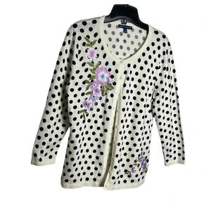 Talbots polka dot cardigan ,Med ,floral ,embroidered button,cotton,tencil,EC